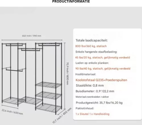 unbranded Freestanding Clothes Rack - 362kg Load Capacity - 3 Bars - 8 Tiers (8721085168981)