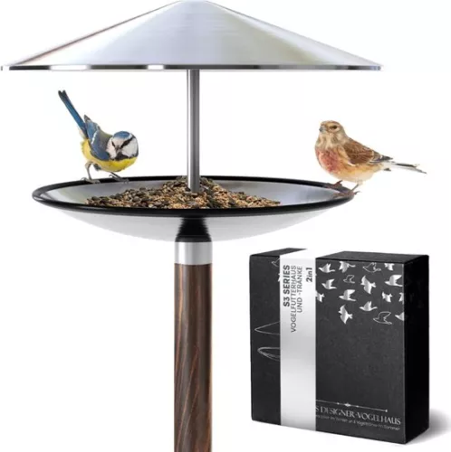 Birdhouse and birdbath 2-in-1 with stand, weatherproof, made of stainless steel, designer bird feeding station, standing, frost-proof, winter-proof, luxury bird feeder, balcony