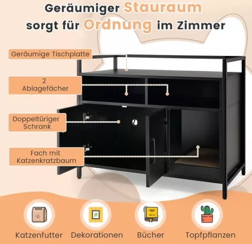 unbranded Cat cabinet, litter box with double doors and scratch pad, cat house with open shelf and 2 compartments, cat basket, litter box, cabinet, for cats, dogs, pets (black) (5487570071183)