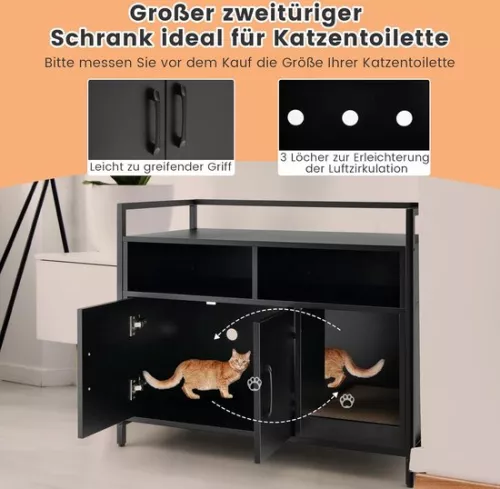 unbranded Cat cabinet, litter box with double doors and scratch pad, cat house with open shelf and 2 compartments, cat basket, litter box, cabinet, for cats, dogs, pets (black) (5487570071183)