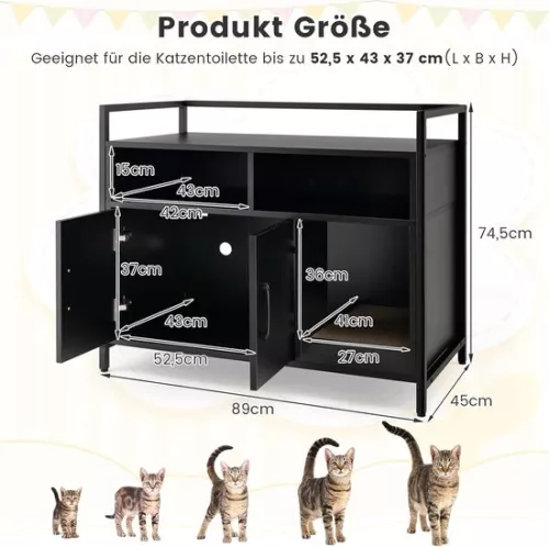 unbranded Cat cabinet, litter box with double doors and scratch pad, cat house with open shelf and 2 compartments, cat basket, litter box, cabinet, for cats, dogs, pets (black) (5487570071183)