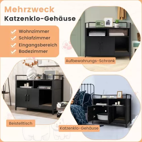 unbranded Cat cabinet, litter box with double doors and scratch pad, cat house with open shelf and 2 compartments, cat basket, litter box, cabinet, for cats, dogs, pets (black) (5487570071183)