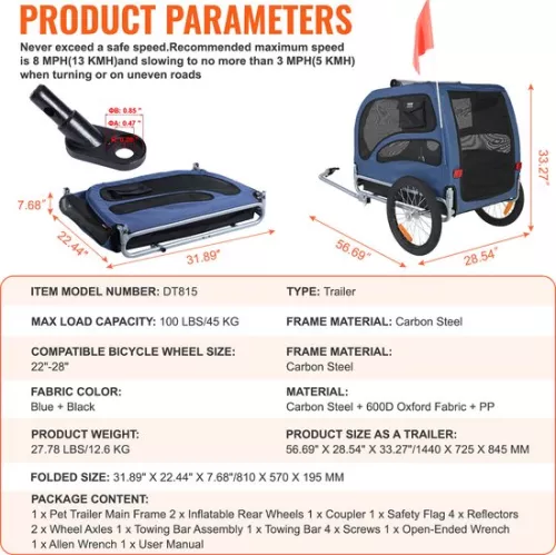 Vevor VEVOR Dog Trailer Bicycle Trailer, Carbon Steel + 600D Oxford Fabric + PP Foldable 1.44 x 0.73 x 0.85 m Folded Size, Blue, Maximum Load Capacity 45 kg (0197988456612)