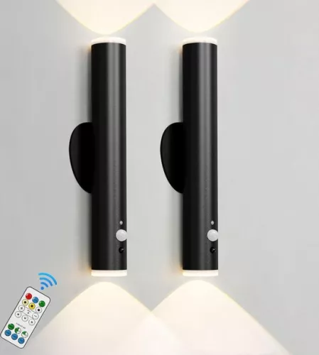 Rechargeable LED wall lamp with motion sensor and remote control - Dimmable and 3 colors wall lamp for living room bedroom (set of 2) - Black wall lamp rechargeable