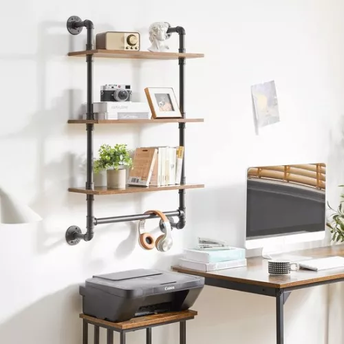 unbranded Wall shelf, floating 3-tier wooden wall board with towel holder, 60 cm, stable, metal frame, bookcase, wall decoration, storage, for living room, kitchen, bathroom (8998339947986)