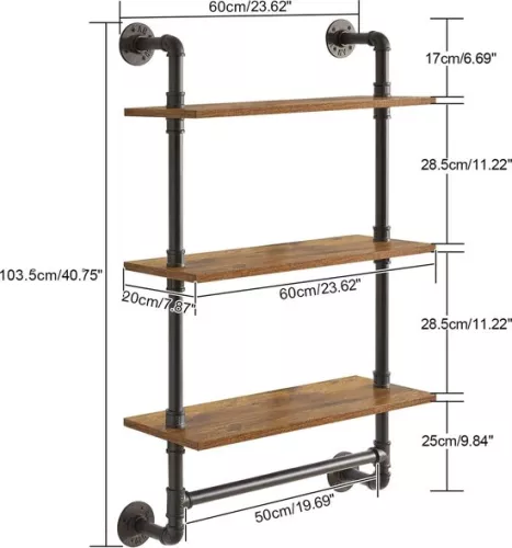 unbranded Wall shelf, floating 3-tier wooden wall board with towel holder, 60 cm, stable, metal frame, bookcase, wall decoration, storage, for living room, kitchen, bathroom (8998339947986)