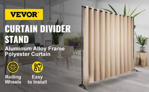 merkloos Curtain Divider Stand, 8 x 10 ft Freestanding Room Divider with 4 Wheels, Aluminum Frame, Blackout Curtain Oxford Bag, Expandable Partition Privacy Screen for Office Conference, Beige (6097718688662)