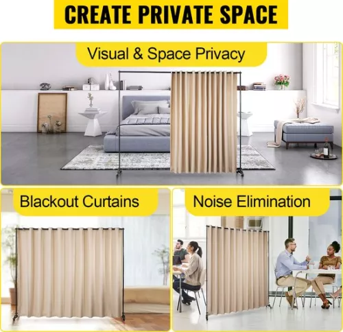 merkloos Curtain Divider Stand, 8 x 10 ft Freestanding Room Divider with 4 Wheels, Aluminum Frame, Blackout Curtain Oxford Bag, Expandable Partition Privacy Screen for Office Conference, Beige (6097718688662)