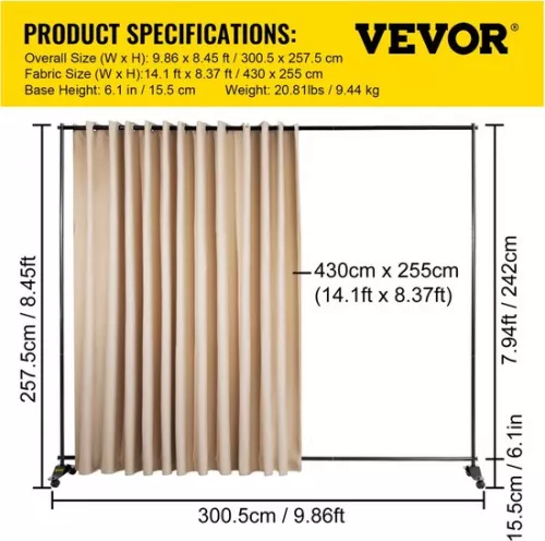 merkloos Curtain Divider Stand, 8 x 10 ft Freestanding Room Divider with 4 Wheels, Aluminum Frame, Blackout Curtain Oxford Bag, Expandable Partition Privacy Screen for Office Conference, Beige (6097718688662)