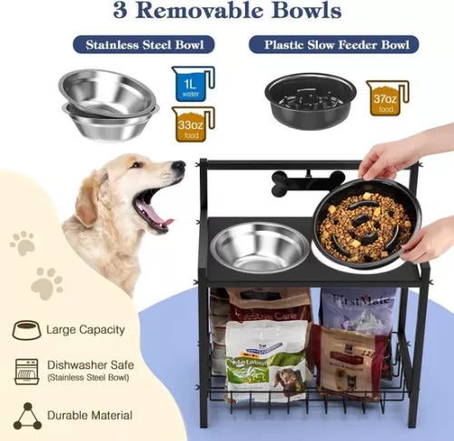 merkloos Raised Dog Bowl, Slow Feeding, Dog Bowl, Adjustable Height, with Stainless Steel Bowls and Storage Rack, Raised Dog Feeding Bowl for Medium and Large Dogs (8998339838284)