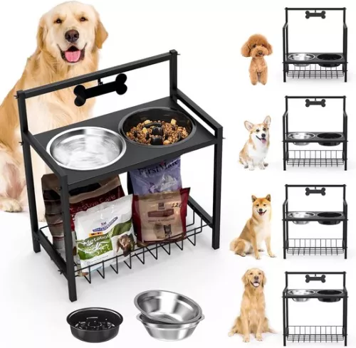 Raised Dog Bowl, Slow Feeding, Dog Bowl, Adjustable Height, with Stainless Steel Bowls and Storage Rack, Raised Dog Feeding Bowl for Medium and Large Dogs