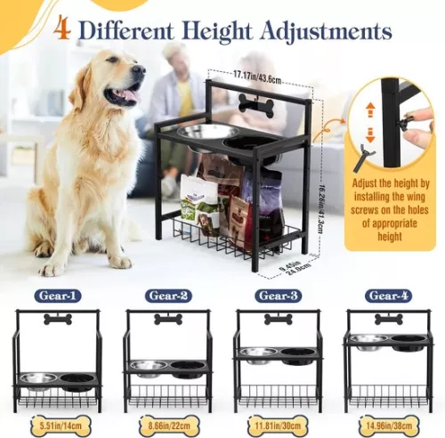 merkloos Raised Dog Bowl, Slow Feeding, Dog Bowl, Adjustable Height, with Stainless Steel Bowls and Storage Rack, Raised Dog Feeding Bowl for Medium and Large Dogs (8998339838284)