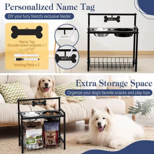 merkloos Raised Dog Bowl, Slow Feeding, Dog Bowl, Adjustable Height, with Stainless Steel Bowls and Storage Rack, Raised Dog Feeding Bowl for Medium and Large Dogs (8998339838284)