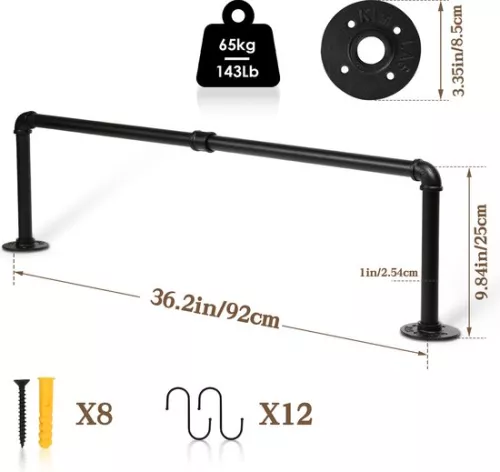 merkloos Clothes Rail - Wall-Mounted Clothes Rail - Clothes Rack - Clothes Rod - 1 Piece - Premium Metal - 92 cm - Black - Hanging Rack - Wardrobe Rail - Wall Wardrobe - Industrial - Space Saving - Easy Assembly - 65 kg Load Capacity (9460564621942)