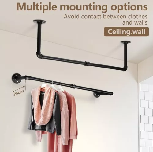 merkloos Clothes Rail - Wall-Mounted Clothes Rail - Clothes Rack - Clothes Rod - 1 Piece - Premium Metal - 92 cm - Black - Hanging Rack - Wardrobe Rail - Wall Wardrobe - Industrial - Space Saving - Easy Assembly - 65 kg Load Capacity (9460564621942)