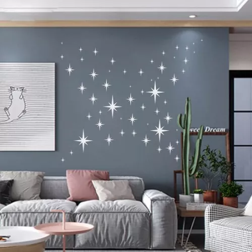82pcs Star Mirror Stickers - Removable 3D Mirror Wall Stickers - Acrylic Star Wall Decal for Home Living Room Bedroom Decor - Silver