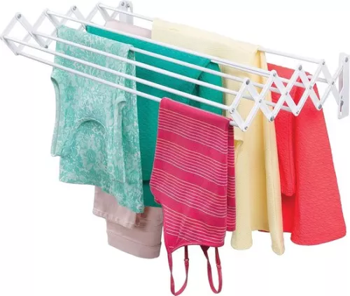 Metal clothes rack - Extendable clothesline - Space-saving folding wall-mounted drying rack - White
