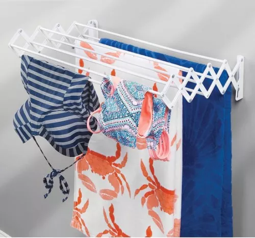 merkloos Metal clothes rack - Extendable clothesline - Space-saving folding wall-mounted drying rack - White (8998339350304)