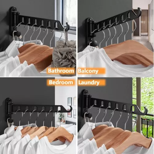 unbranded Wall-mounted clothes rack, foldable, 180° rotatable clothes hook, clothes rail, wall hook, coat rack, clothes fan for balcony, laundry room, bathroom (black, 1 pc) (4800437620859)