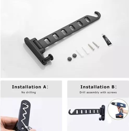 unbranded Wall-mounted clothes rack, foldable, 180° rotatable clothes hook, clothes rail, wall hook, coat rack, clothes fan for balcony, laundry room, bathroom (black, 1 pc) (4800437620859)