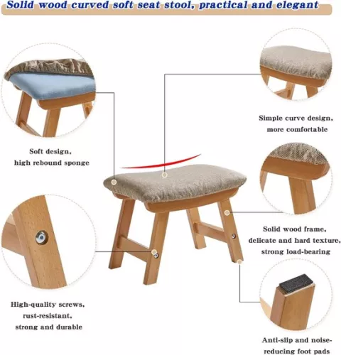 merkloos Wooden footstool with padded cover - suitable for living room and bedroom - 1 piece - beige (9505388524236)