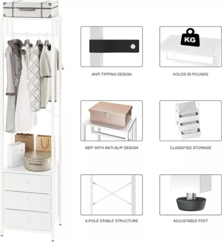 merkloos Coat rack with drawer and clothes rack - high wardrobe organizer - white (9506435737258)