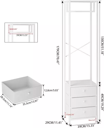 merkloos Coat rack with drawer and clothes rack - high wardrobe organizer - white (9506435737258)