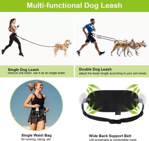 merkloos Jogging leash for 2 dogs - belly strap hand strap - double dogs - elastic reflective leash 90-130 cm - large and medium dogs - running jogging dog leash (8998340037256)