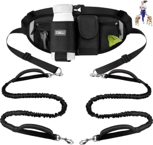 merkloos Jogging leash for 2 dogs - belly strap hand strap - double dogs - elastic reflective leash 90-130 cm - large and medium dogs - running jogging dog leash (8998340037256)