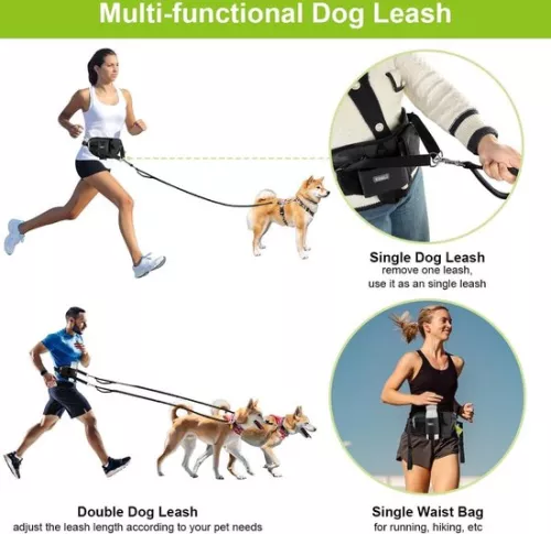 merkloos Jogging leash for 2 dogs - belly strap hand strap - double dogs - elastic reflective leash 90-130 cm - large and medium dogs - running jogging dog leash (8998340037256)