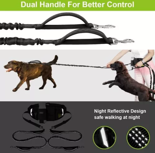 merkloos Jogging leash for 2 dogs - belly strap hand strap - double dogs - elastic reflective leash 90-130 cm - large and medium dogs - running jogging dog leash (8998340037256)