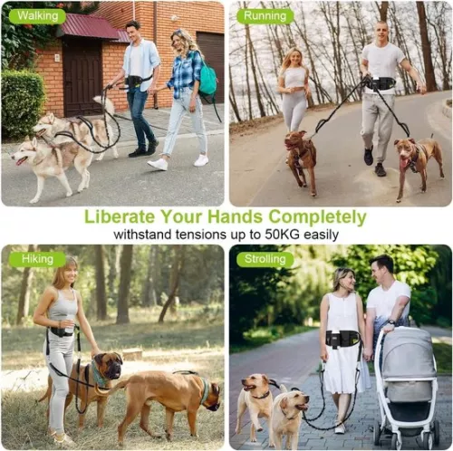 merkloos Jogging leash for 2 dogs - belly strap hand strap - double dogs - elastic reflective leash 90-130 cm - large and medium dogs - running jogging dog leash (8998340037256)