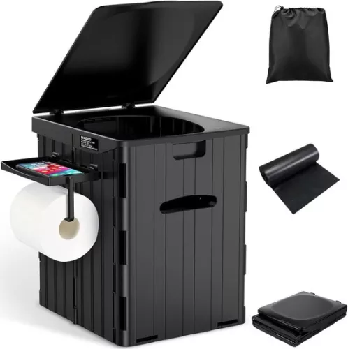 Portable Folding Camping Toilet for Adults with Lid - Mobile Toilet for Outdoor or Indoor Use (Black)