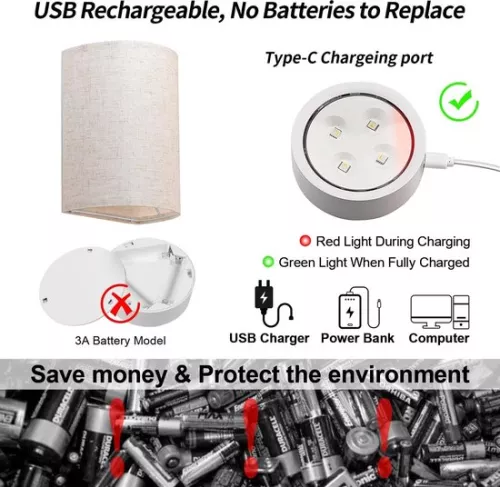 unbranded Battery Wall Lamp - USB Rechargeable - RGB Dimmable - Beige Fabric Lampshade - Wall Lighting - With Remote Control - [Energy Class A] (6097012652628)