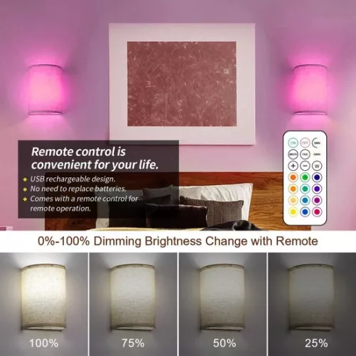 Battery Wall Lamp - USB Rechargeable - RGB Dimmable - Beige Fabric Lampshade - Wall Lighting - With Remote Control - [Energy Class A]