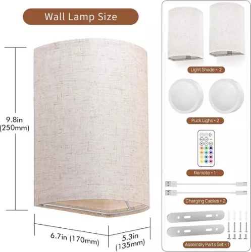 unbranded Battery Wall Lamp - USB Rechargeable - RGB Dimmable - Beige Fabric Lampshade - Wall Lighting - With Remote Control - [Energy Class A] (6097012652628)