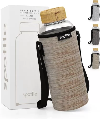 Glass bottle 1.5 liter - drinking bottle glass 1.5 l with bamboo lid screw cap - glass bottle - water bottle - glass drinking bottle suitable for carbon dioxide - dishwasher safe - wide neck