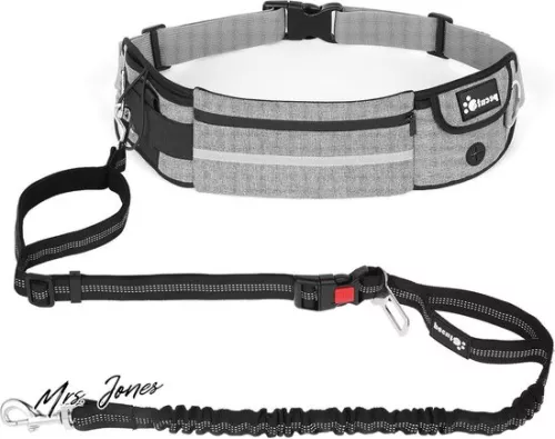 Mrs. Jones Hands-Free Dog Leash with Pouch - Fanny Pack for Walking, Jogging, Cycling, Running - Up to 220 lbs.