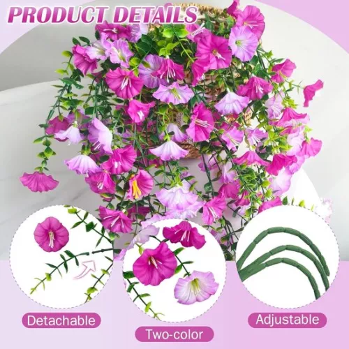 3 artificial hanging plants, artificial flowers, hanging like real petunias, hanging artificial plants, weather-resistant, artificial flowers, tendrils for outdoor, indoor, balcony, patio, flower hanger (purple)