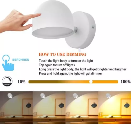 merkloos Dimmable LED Wall Lamp with Touch Control and 360° Adjustability - Warm White Light for Home Use (4800325316109)