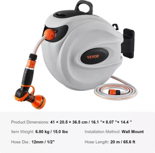 Vevor. BTD 20MTR Wall Hose Reel - Garden Hose - Auto Rewind Function - With 9 Different Patterns and 3 Nozzles - 180 Degree Rotatable - Easy to Mount on the Wall - (6150937994980)