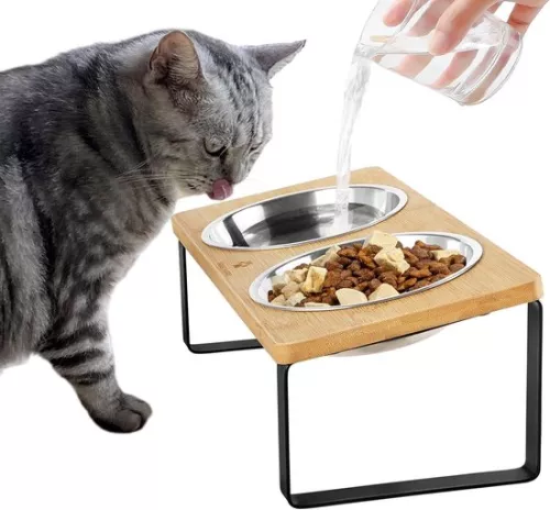 Feeding Station Raised Cat Litter Box with Stainless Steel Bowl - Anti-Vomiting (Original Wood)