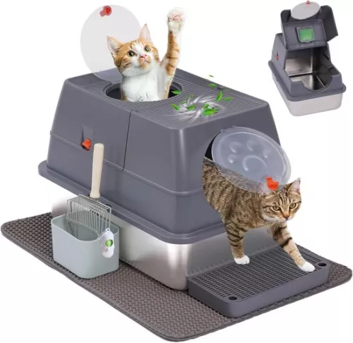 XXL Stainless Steel Cat Litter Box with Lid - Large Size for Large Cats with High Rim - Metal Litter Box Non Sticky (Gray)