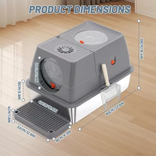 merkloos XXL Stainless Steel Cat Litter Box with Lid - Large Size for Large Cats with High Rim - Metal Litter Box Non Sticky (Gray) (6151830837817)