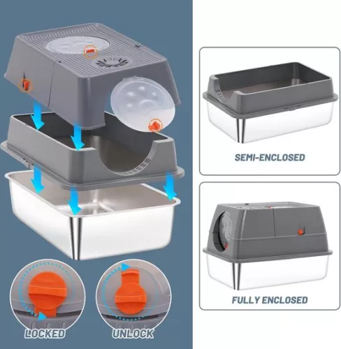 merkloos XXL Stainless Steel Cat Litter Box with Lid - Large Size for Large Cats with High Rim - Metal Litter Box Non Sticky (Gray) (6151830837817)