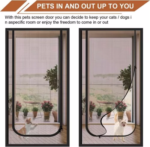 Reinforced cat screen door, soft screen door with zipper, anti-theft door, anti-mosquito, thickened anti-cat mesh, suitable for living room, kitchen, bedroom, black, 80x200cm