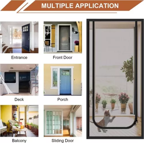 merkloos Reinforced cat screen door, soft screen door with zipper, anti-theft door, anti-mosquito, thickened anti-cat mesh, suitable for living room, kitchen, bedroom, black, 80x200cm (8410900044868)