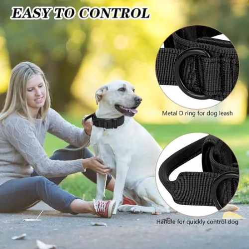 merkloos Tactical Dog Collar - Padded Breathable Soft Nylon Dog Collar - with Strong Metal Buckle - Adjustable Dog Collar - with Handle Tactical Dog Collar - for Medium and Large Dogs (L) - Black (9903226211421)