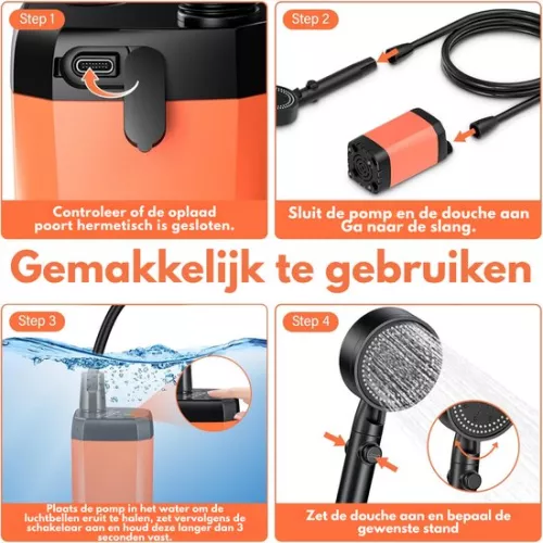 Zaltino Camping Shower Kit Rechargeable - Electric Beach Shower - Outdoor Shower Pump with Smart Digital Display - Shower Head Nozzle for Camping - Outdoor Shower - Hiking, Travel, Washing - Orange (8721085278994)