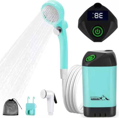 Portable camping shower with battery and pump - Rechargeable - 6000 mAh battery - Mobile showers - Outdoor showers - Shower head and hose - Camping, travel, garden, car wash.